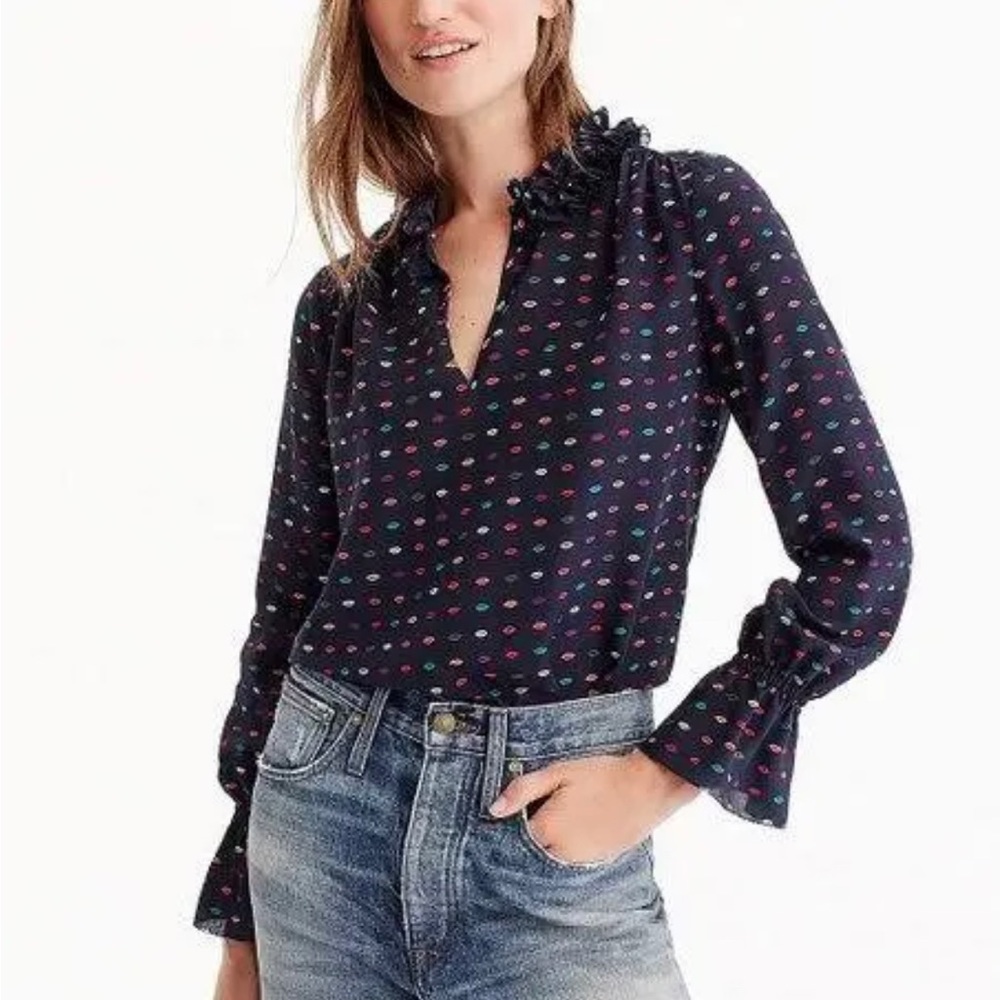 J.crew blouse, dark blue with ruffled neck and sleeves.